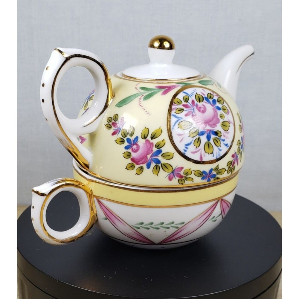 Vintage Nantucket Single Serve Teapot With Lid And Teacup Yellow Floral 4” Tall - Picture 8 of 16